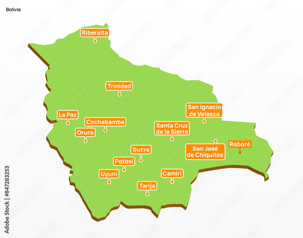 Fototapeta 3d vector illustration graphic green color geographical map of Bolivia with largest cities shown