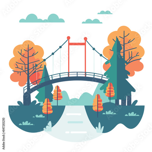 Peaceful autumn park scene featuring suspension bridge, trees orange foliage, serene river. Fall landscape illustration bridge connecting two landmasses, surrounded vegetation clouds. Flat design