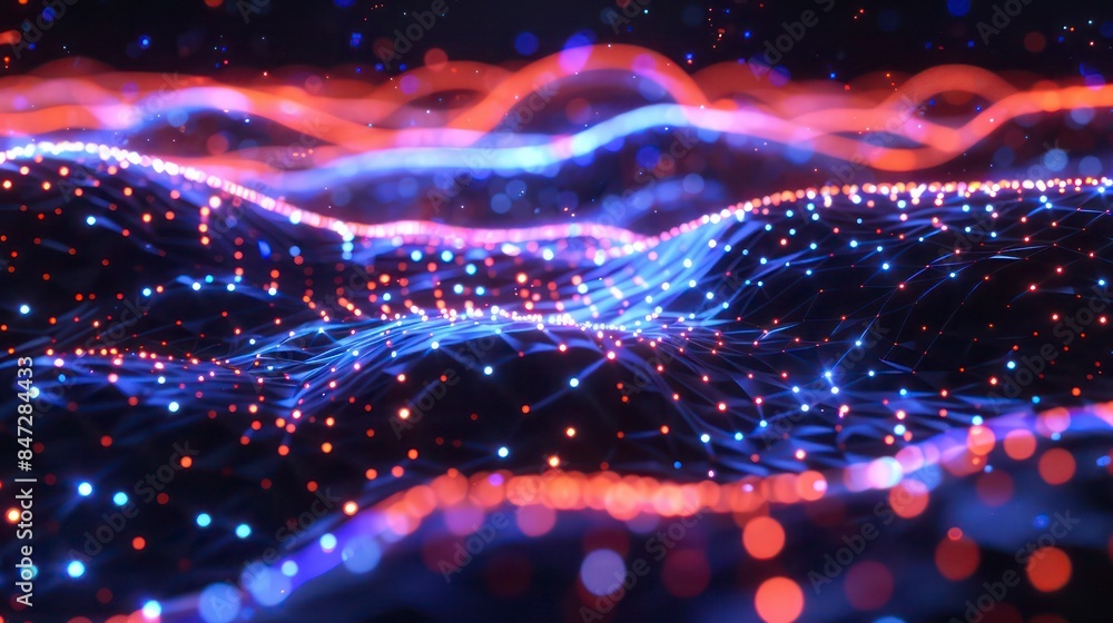 Dark Hues and Neon Waves Converge, Creating an Abstract Depiction of Digital Data Flow. Digital background for tech Dark Hues and Neon Waves Converge, Creating an Abstract Depiction of Digital Data Flow. Digital background for tech