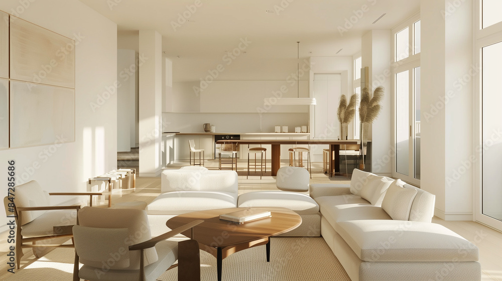 Fototapeta premium A clean, white-walled living room with sleek, modern furniture