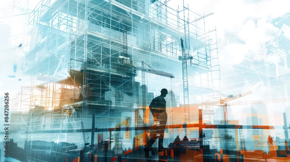 Fototapeta premium Illustration digital building construction engineering with double exposure graphic design. Building engineers, architect people or construction workers working with modern civil equipment technology