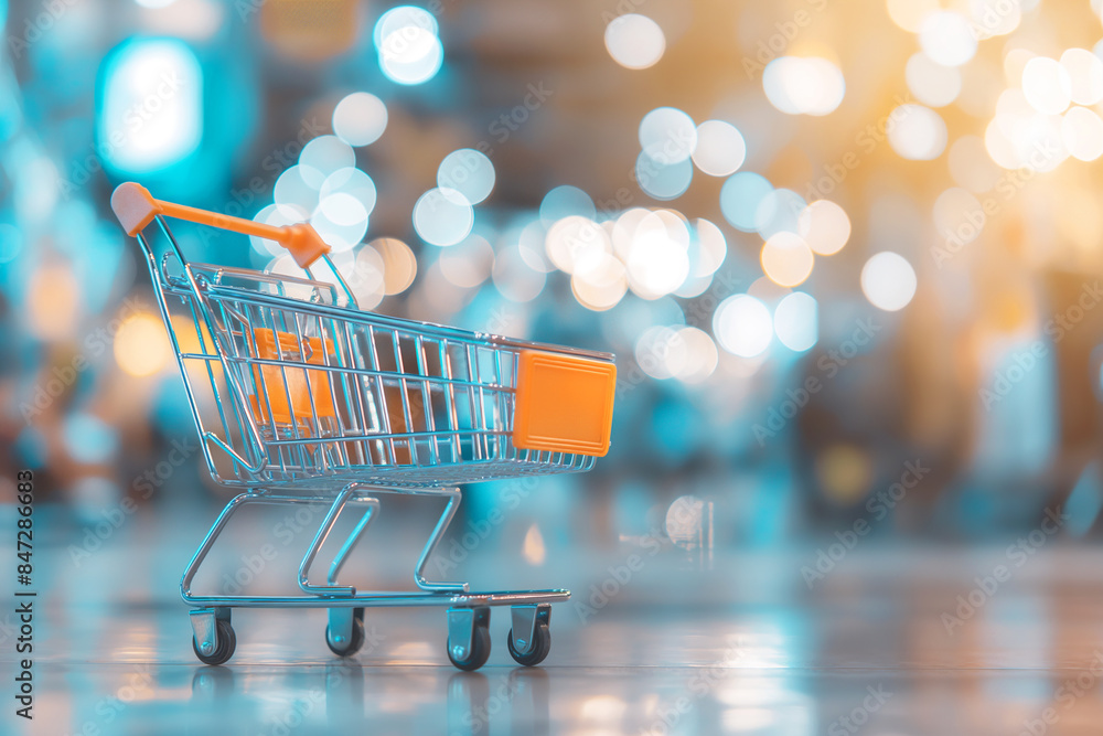 Shopping cart in a blurred background at the market, retail and consumer goods with bokeh and store merchandise Shopping cart in a blurred background at the market, retail and consumer goods with bokeh and store merchandise