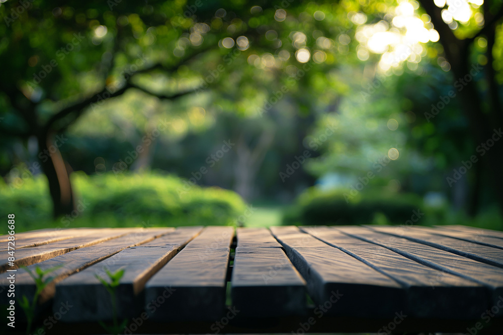 Wooden table in a beautiful garden with sunlight and greenery, surrounded by trees and nature scenery Wooden table in a beautiful garden with sunlight and greenery, surrounded by trees and nature scenery