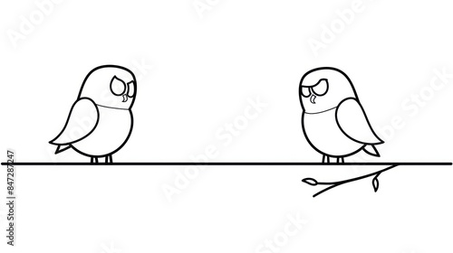 A simple black and white drawing illustrates two cartoon birds on a single line, appearing to be upset with each other