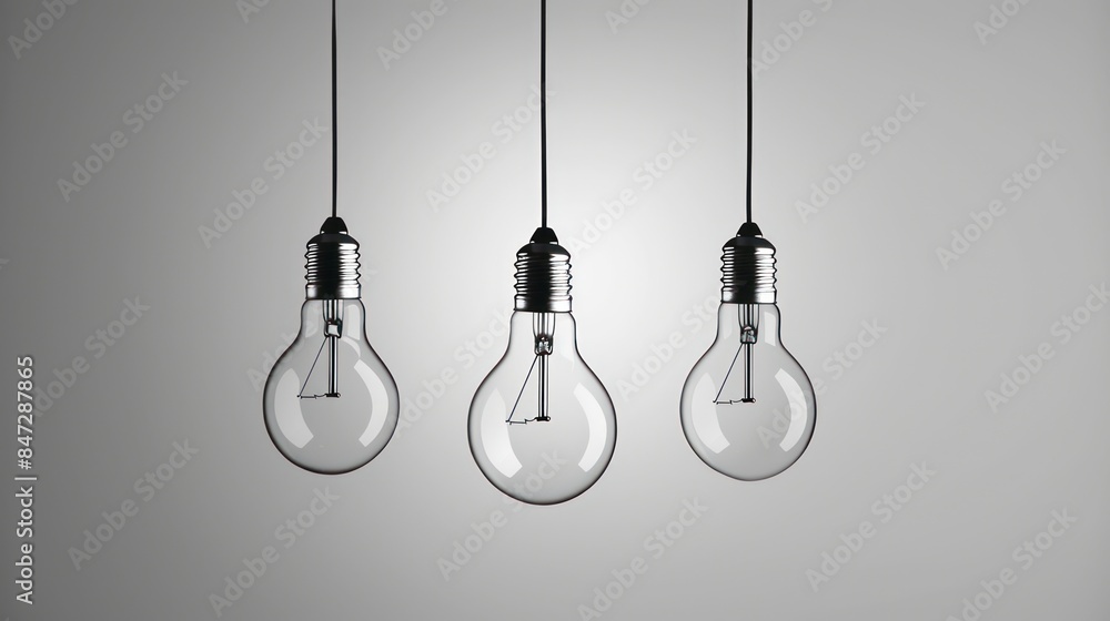 Three light bulbs with different shapes suspended against a neutral gray background representing creativity and innovation Three light bulbs with different shapes suspended against a neutral gray background representing creativity and innovation