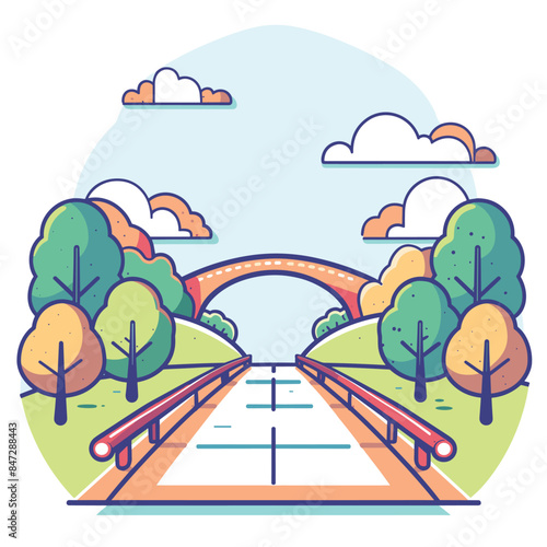 Colorful stylized vector illustration park trees, bridge, footpath under clear sky. Landscape art depicting tranquil nature scene, suitable childrens book animation. Cartoon drawing presents outdoor