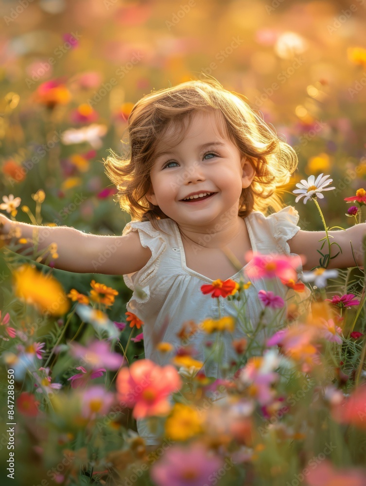 A joyful little girl is standing in a field of flowers, surrounded by daisies, marigolds, and other colorful blooms. AI. A joyful little girl is standing in a field of flowers, surrounded by daisies, marigolds, and other colorful blooms. AI.