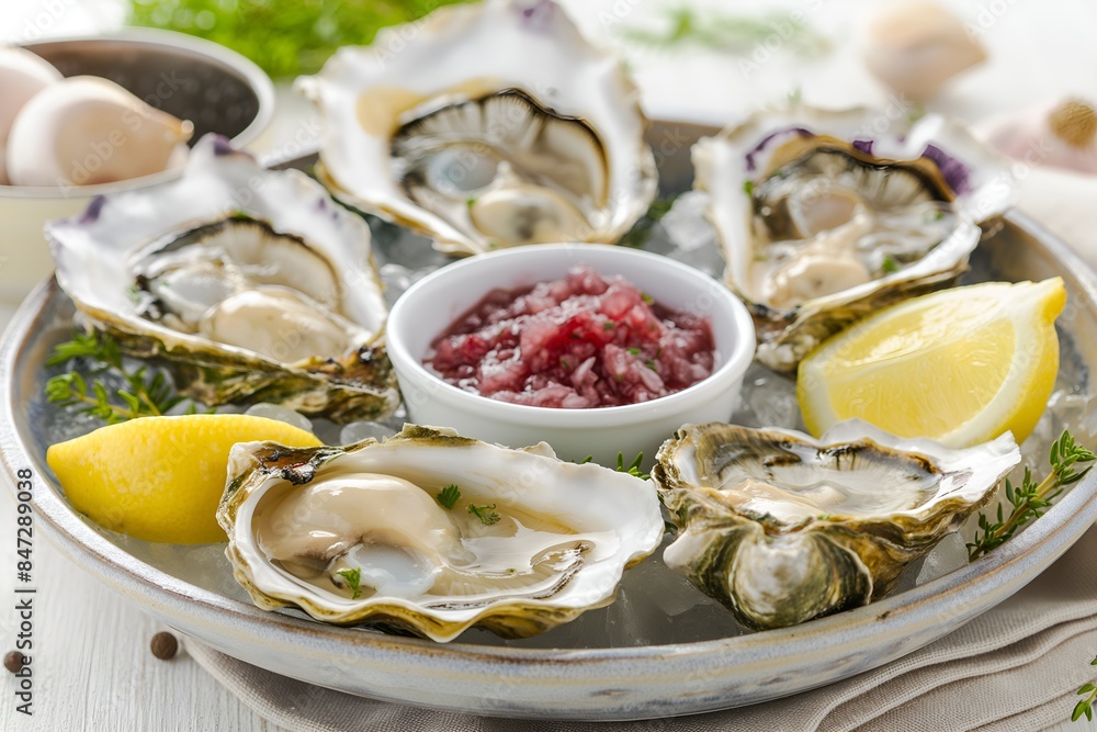 Close-Up Delicious Platter Of Oysters On The Half Shell With Lemon Wedges And Mignonette Sauce In Food Restaurant Interior, Food Photography, Food Menu Style Photo Image Close-Up Delicious Platter Of Oysters On The Half Shell With Lemon Wedges And Mignonette Sauce In Food Restaurant Interior, Food Photography, Food Menu Style Photo Image