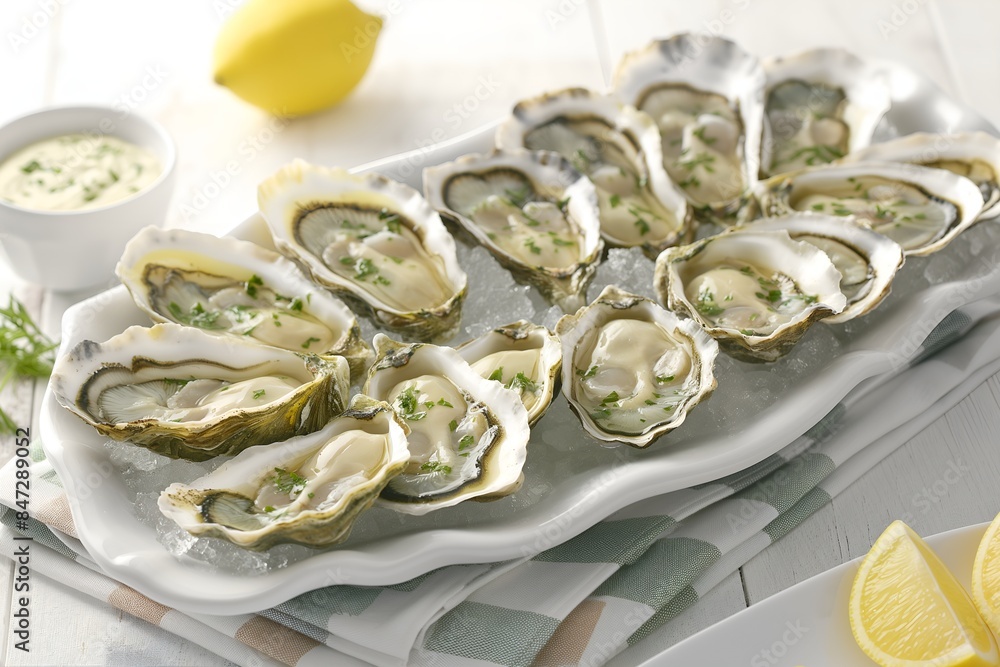 Close-Up Delicious Platter Of Oysters On The Half Shell With Lemon Wedges And Mignonette Sauce In Food Restaurant Interior, Food Photography, Food Menu Style Photo Image Close-Up Delicious Platter Of Oysters On The Half Shell With Lemon Wedges And Mignonette Sauce In Food Restaurant Interior, Food Photography, Food Menu Style Photo Image