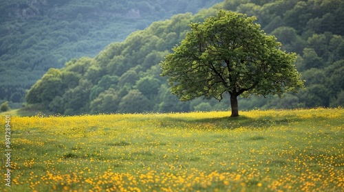 Lone tree surrounded by yellow flowers in a springtime field