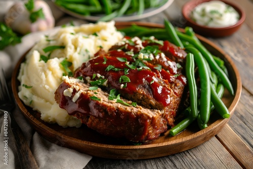 Close-Up Delicious Savory Meatloaf With Mashed Potatoes And Green Beans In Food Restaurant Interior, Food Photography, Food Menu Style Photo Image