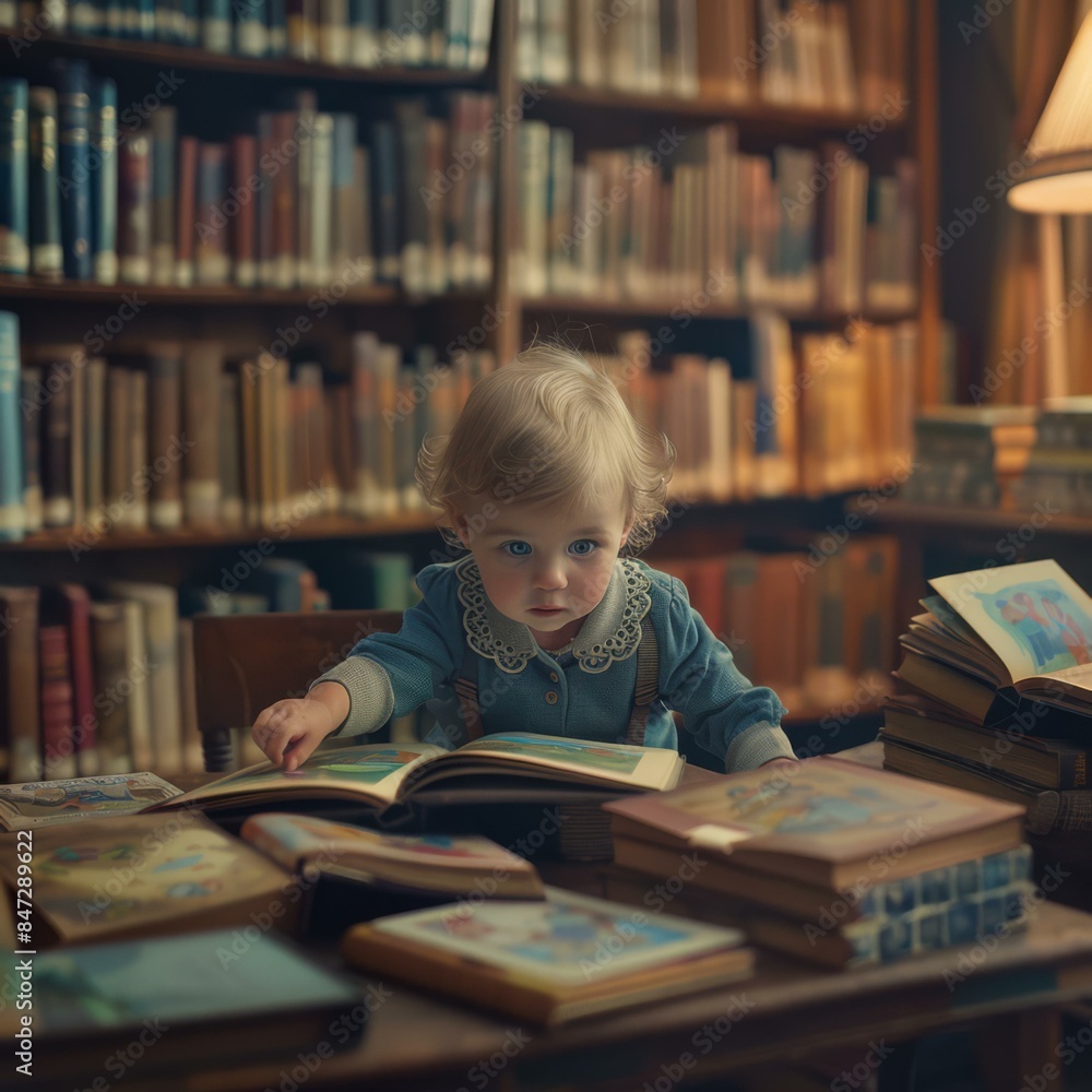 A young child sits in a library, surrounded by books. AI. A young child sits in a library, surrounded by books. AI.