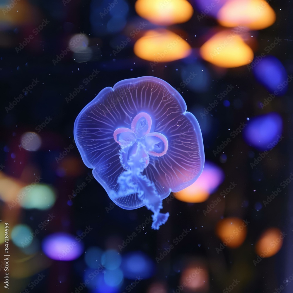 Naklejka premium Bioluminescent jellyfish glowing in the dark. AI.