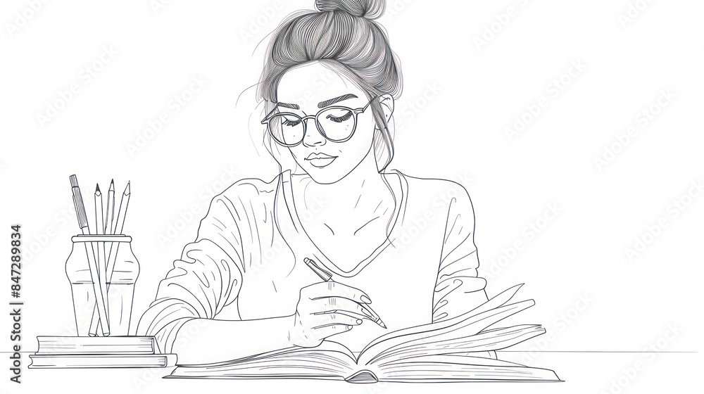 A sketched image featuring a woman with her face blurred, engaged in reading a book at a table with pencils nearby A sketched image featuring a woman with her face blurred, engaged in reading a book at a table with pencils nearby