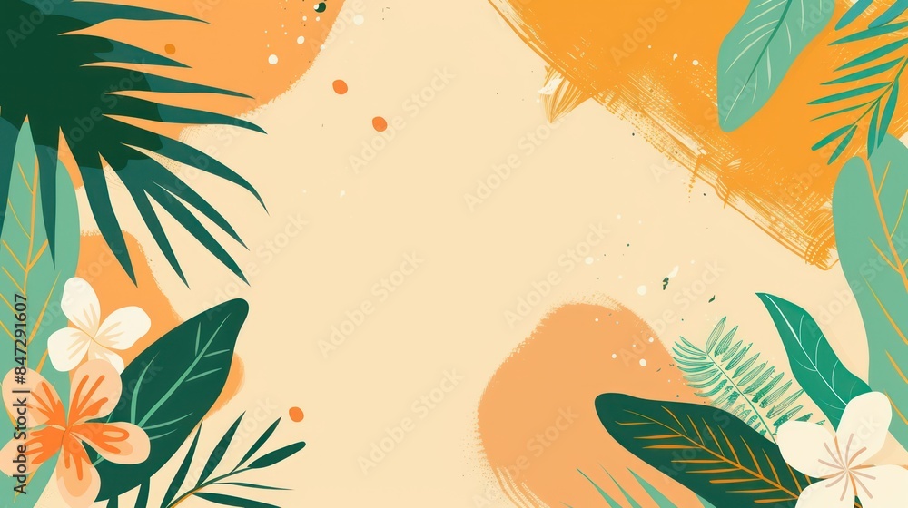 Vibrant tropical background with a frame of leaves and flowers, space for text, with a warm color palette Vibrant tropical background with a frame of leaves and flowers, space for text, with a warm color palette