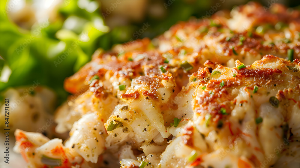 A close-up shot of a gourmet fast food crab cake, highlighting the crispy exterior and tender crab meat A close-up shot of a gourmet fast food crab cake, highlighting the crispy exterior and tender crab meat