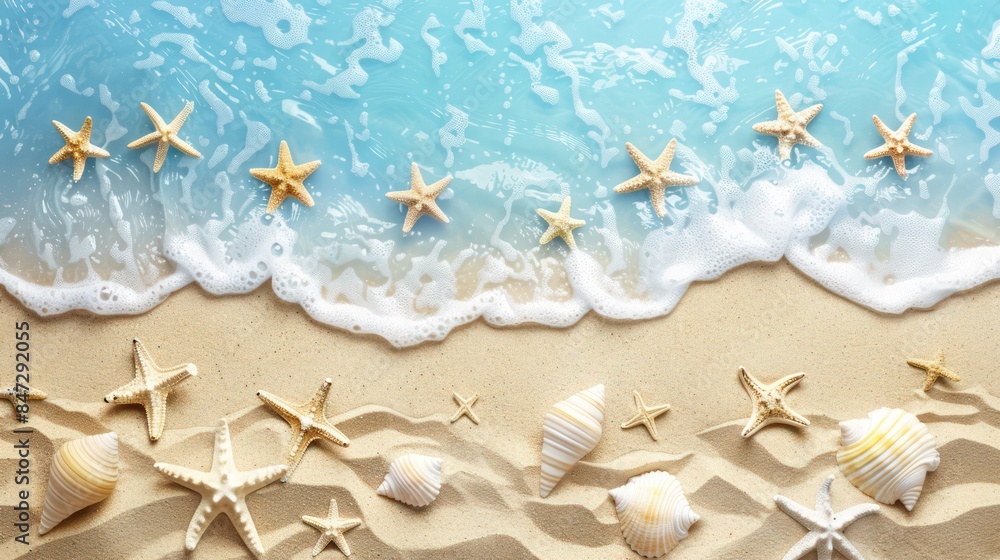 An artistic representation of a beach with starfish, shells, and foamy waves on sand An artistic representation of a beach with starfish, shells, and foamy waves on sand