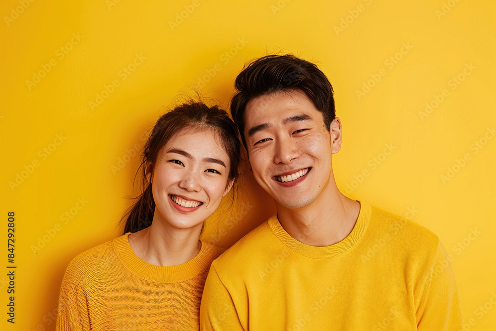 Happy East Asian Couple isolated on a Yellow Background China Japan Korea Smiling Embracing Love Joyful Cheerful Portrait Studio Photography Relationship Togetherness Happy East Asian Couple isolated on a Yellow Background China Japan Korea Smiling Embracing Love Joyful Cheerful Portrait Studio Photography Relationship Togetherness