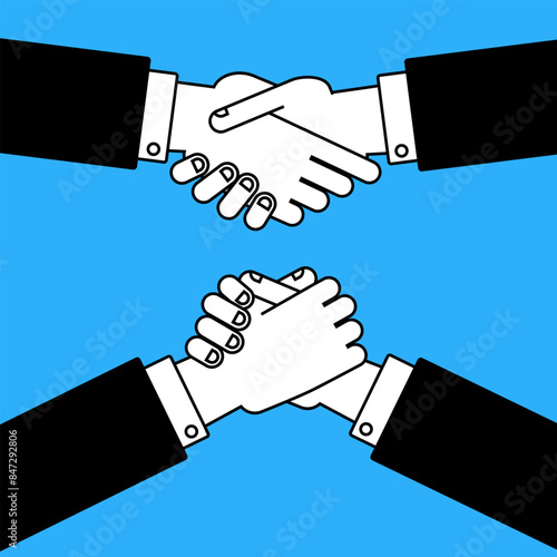 Handshake and arm wrestling vector illustration set in flat style. Cooperation and competition business concept.