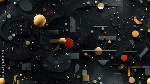 A seamless geometric pattern of shapes on a black background.