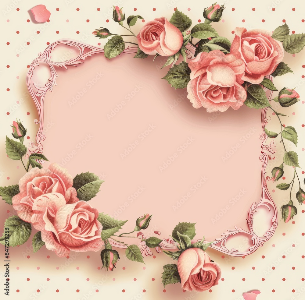 Shabby chic pink floral frame with polka dots background Shabby chic pink floral frame with polka dots background