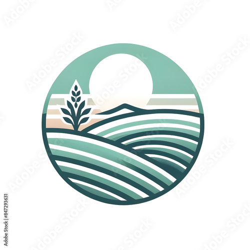 A circular illustration featuring stylized rolling hills and a plant under a setting sun, rendered in calming shades of green, blue, and beige. This design symbolizes tranquility, nature, and agricult photo