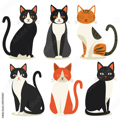 Six cartoon cats illustrated against white background. Various coat patterns, including black, white, orange. Cute feline characters different poses, whiskers, expressive faces
