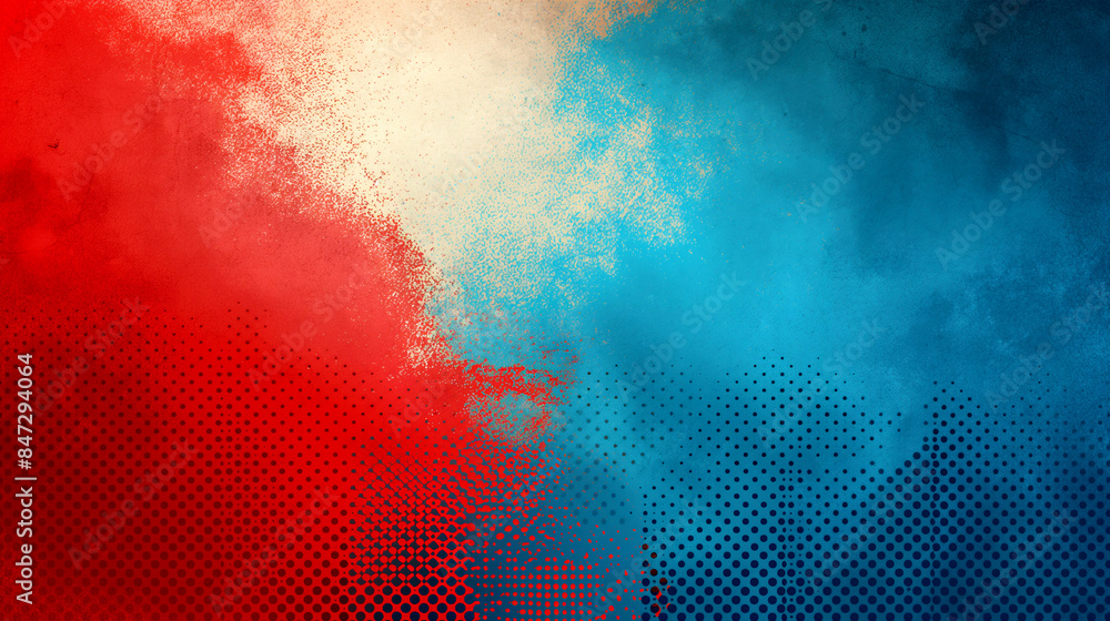 Naklejka premium Abstract digital art design, red and blue halftone background with smoke, dust texture.