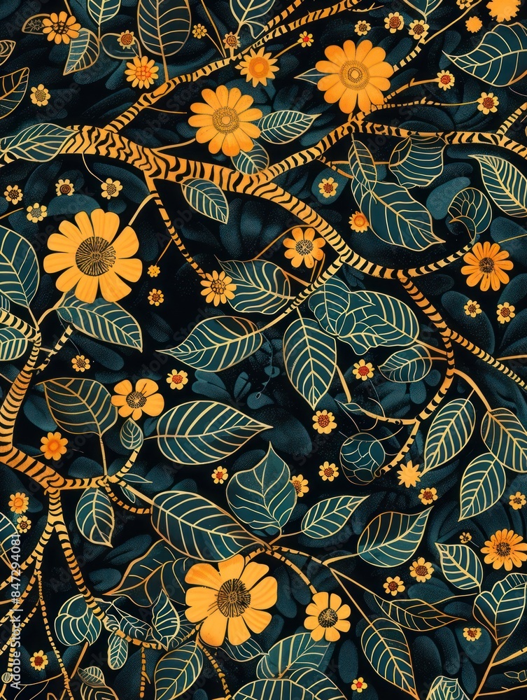 Naklejka premium Elegant botanical illustration featuring golden yellow flowers and green leaves on a dark, almost black, background