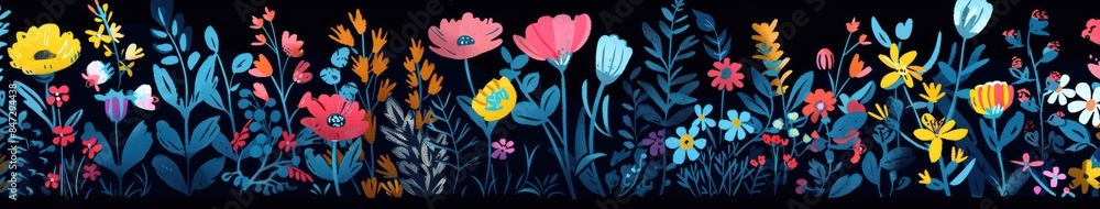 An artistic and vibrant array of stylized flowers and plants illustrated on a dark background, suitable for wallpaper or fabric design An artistic and vibrant array of stylized flowers and plants illustrated on a dark background, suitable for wallpaper or fabric design