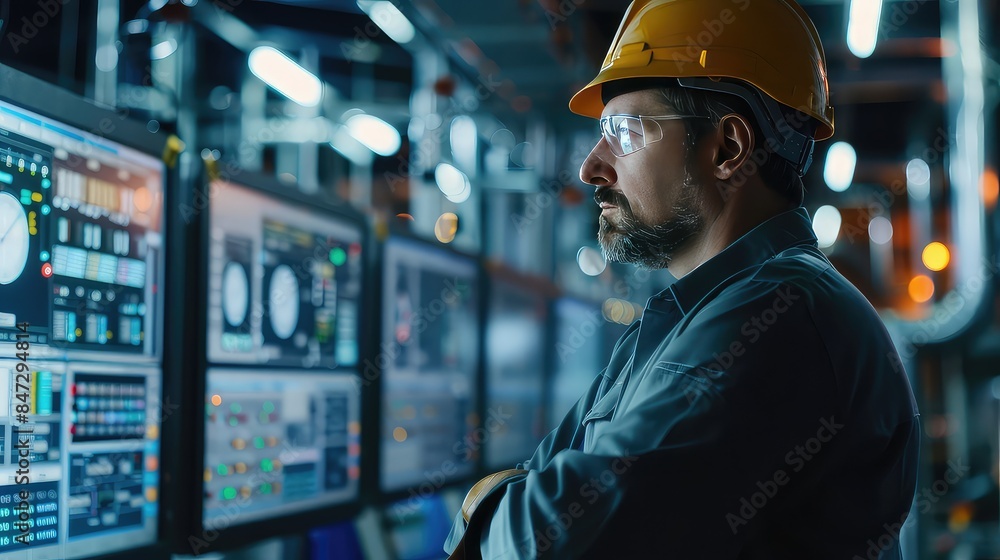 Industrial Engineer Monitoring Progress. Expert engineer in hard hat at control panel with multiple screens in an industrial facility Industrial Engineer Monitoring Progress. Expert engineer in hard hat at control panel with multiple screens in an industrial facility