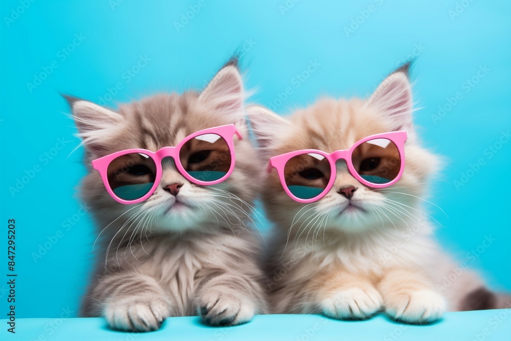 Cute kittens in pink sunglasses on a blue background. Cute kittens in pink sunglasses on a blue background.