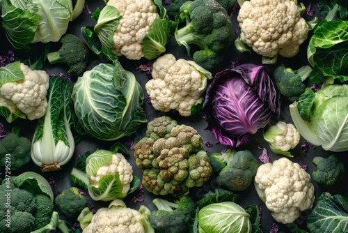 Different types of cauliflower and cabbage on the table