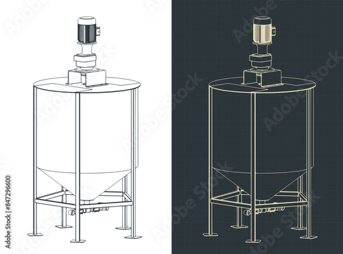 Large industrial tank mixer isometric blueprints