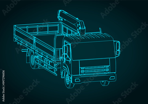 Truck with crane-manipulator installation isometric blueprint