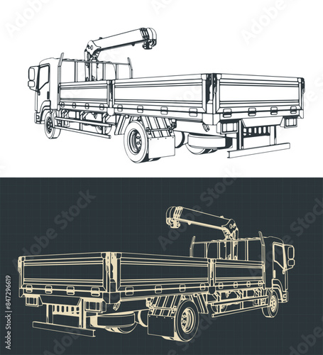 Truck with crane-manipulator installation sketches