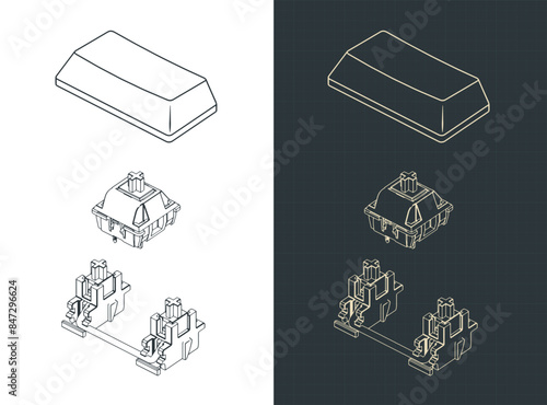 Switch with stabilizer and keycap for mechanical keyboard isometric blueprints