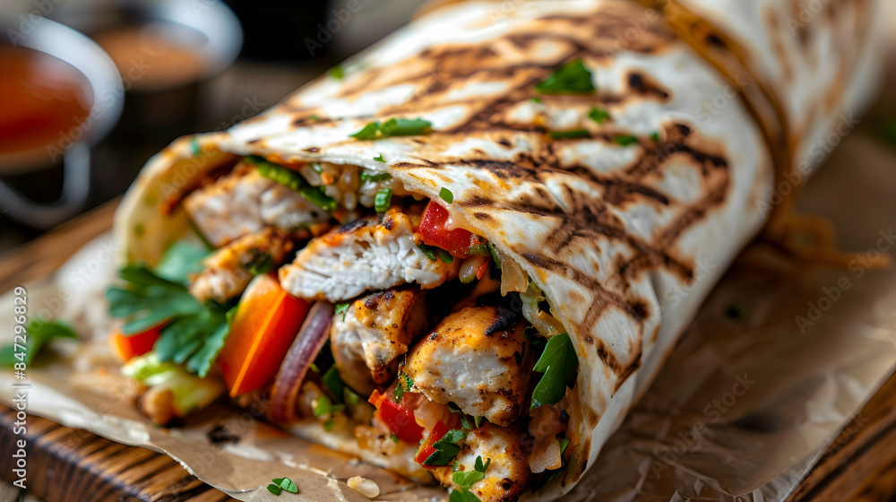 A close-up shot of a gourmet fast food wrap, highlighting the fresh ingredients and vibrant colors A close-up shot of a gourmet fast food wrap, highlighting the fresh ingredients and vibrant colors