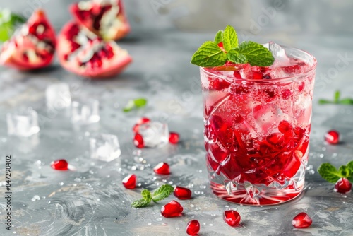 Pomegranate juice with ice and mint leaves on a table
