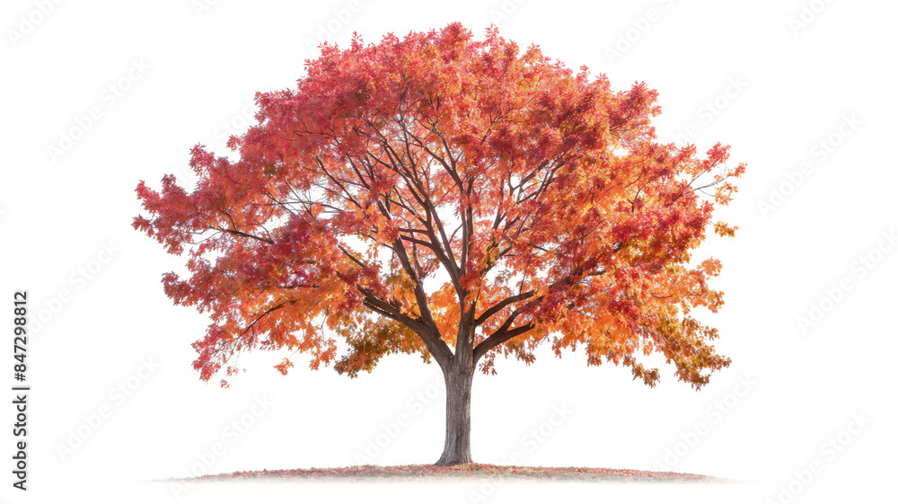 A realistic tree with vibrant red and orange leaves in full autumn splendor against a white background.