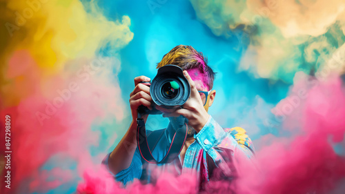 Photographer with a camera surrounded by colorful clouds of powder, creating a vivid background.