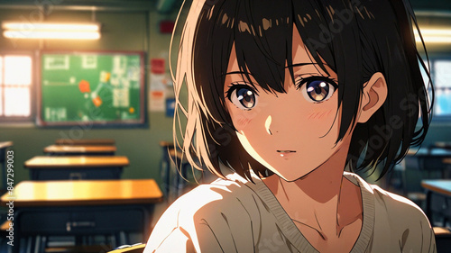 A stunning girl with black hair, wearing a white shirt that subtly exposes her neck.