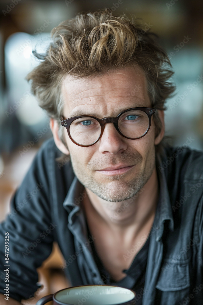 A man with glasses is sitting at a table with a cup in front of him A man with glasses is sitting at a table with a cup in front of him