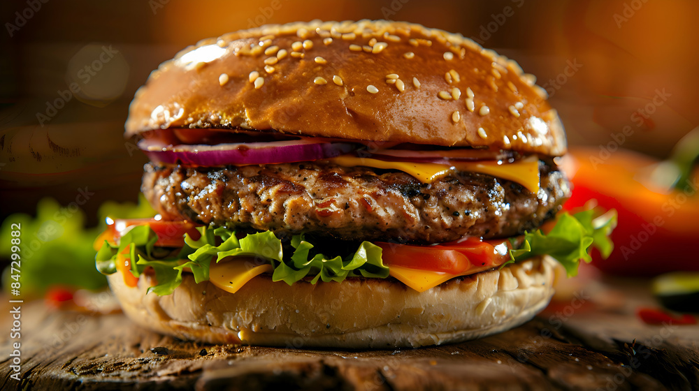 A fast food burger with a juicy beef patty, fresh vegetables, and a toasted bun A fast food burger with a juicy beef patty, fresh vegetables, and a toasted bun