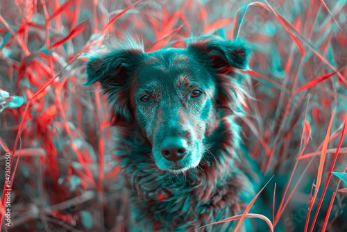 The image shows a dog with a red and green anaglyph effect, typically used in 3D imaging, against a natural background photo