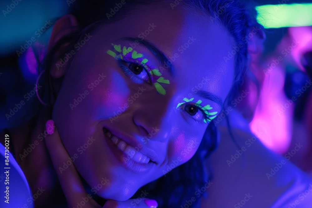 The image, with blurred face, displays an abstract scene of intense neon lights, suggesting lively social interaction or a celebration