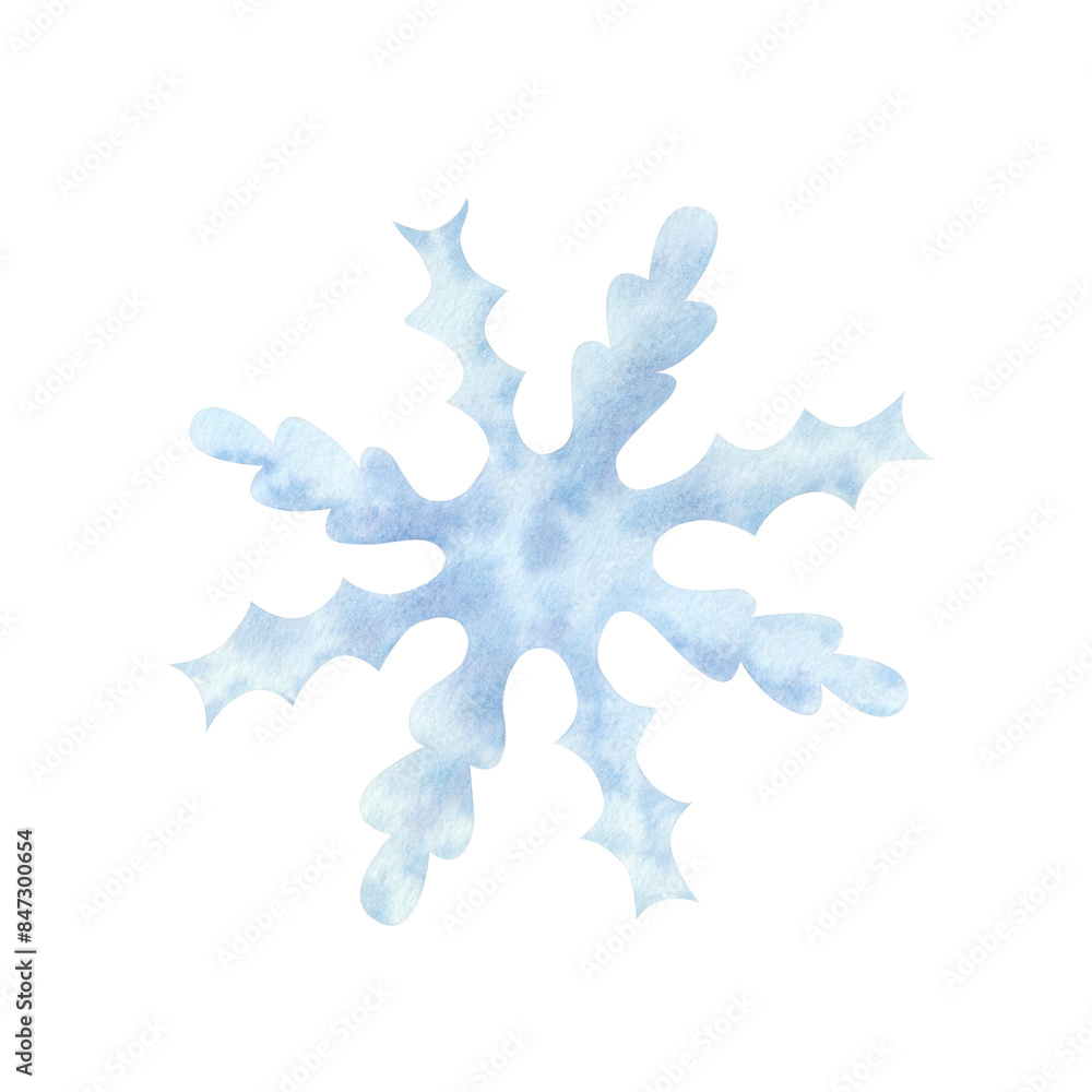 Blue snowflake isolated on white background. Frozen crystal, symbol of winter. Hand drawn watercolor illustration. For design, cards, invitations, congratulations, packaging, printing, advertising. Blue snowflake isolated on white background. Frozen crystal, symbol of winter. Hand drawn watercolor illustration. For design, cards, invitations, congratulations, packaging, printing, advertising.