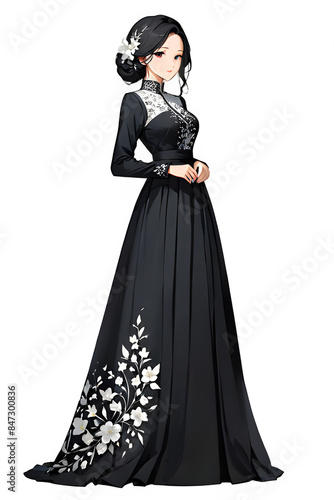 A girl in a very beautiful ornate dress, black silhouette of a beautiful woman, transparent background, sophisticated, highly detailed, modest dress