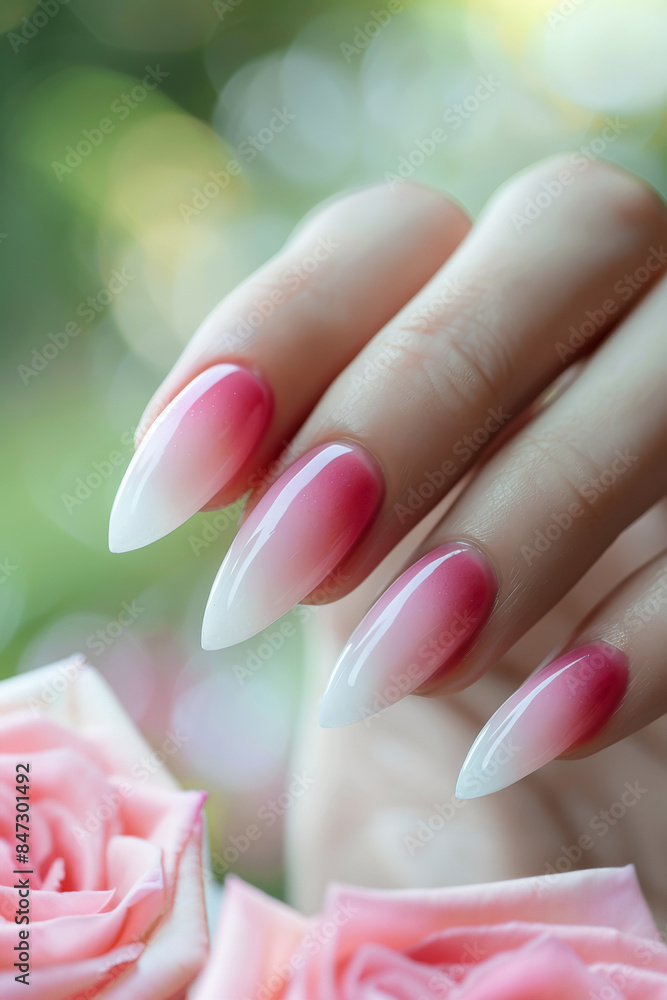 Stylish long oval nails with trendy 70s-inspired pink ombre for retro fashion statement