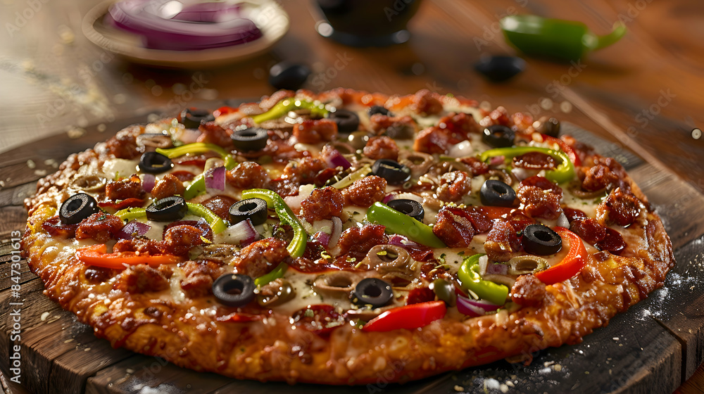 A fast food pizza with a variety of toppings, including olives, peppers, and onions, presented on a rustic wooden board A fast food pizza with a variety of toppings, including olives, peppers, and onions, presented on a rustic wooden board